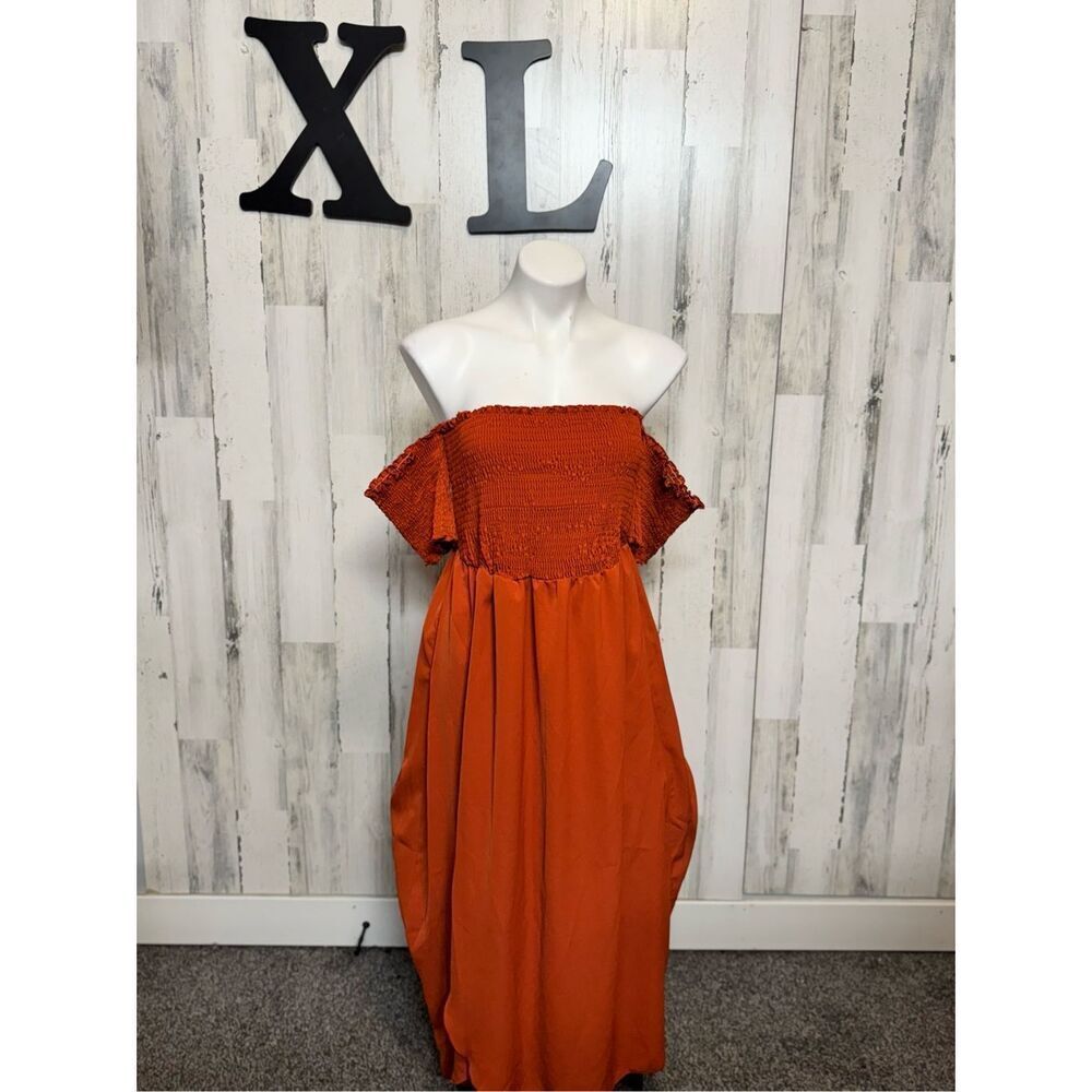 SHEIN Curve Rust Orange Off the Shoulder Maxi Dress Womens Plus Size 0XL Smocked